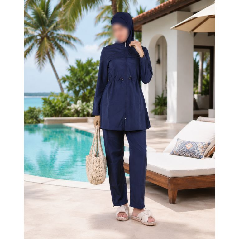 Burkini Femme Bleu Marine à Veste Longue Zippée et Plissée