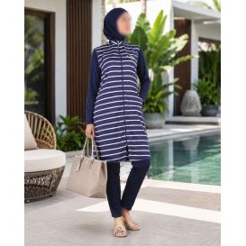 Burkini femme bleu nuit rayé avec veste longue zippée, pantalon ample, bonnet et hijab