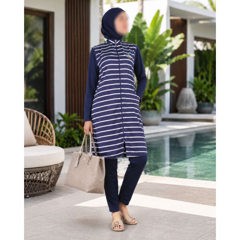 Burkini Hijab 4 Pièces à Rayures - Navy Blue - Nabira
