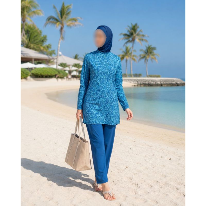 Burkini Hijab à Motifs 3 Pièces - Bleu Lagon- Rozamay