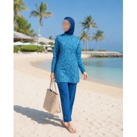 Burkini Hijab à Motifs 3 Pièces - Bleu Lagon- Rozamay