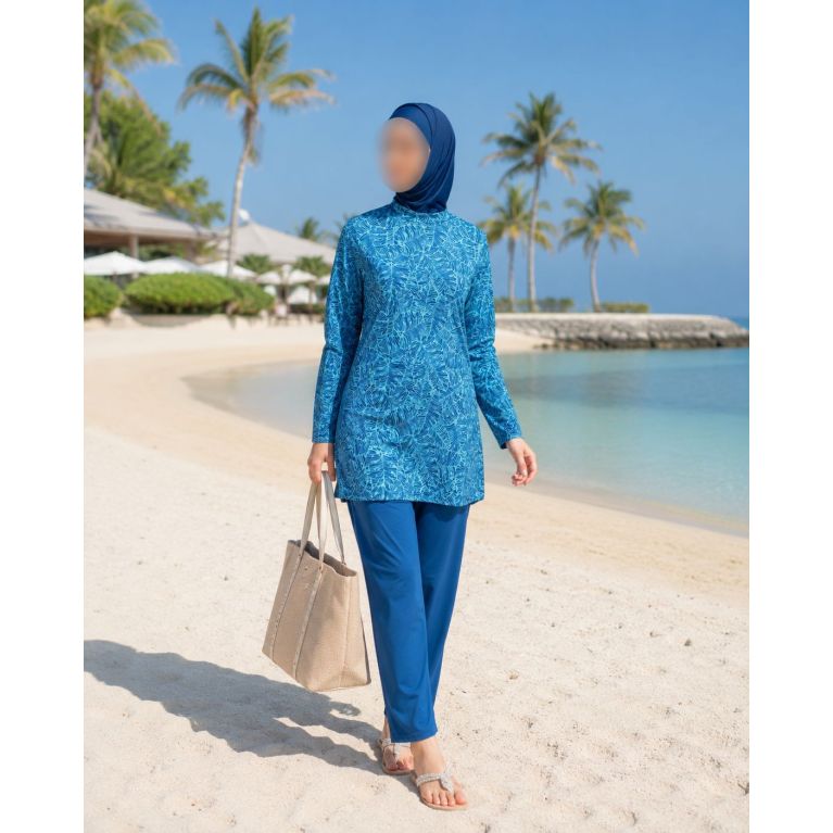 Burkini Hijab à Motifs 3 Pièces - Bleu Lagon- Rozamay