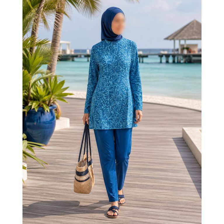 Burkini Hijab à Motifs 3 Pièces - Bleu Lagon- Rozamay
