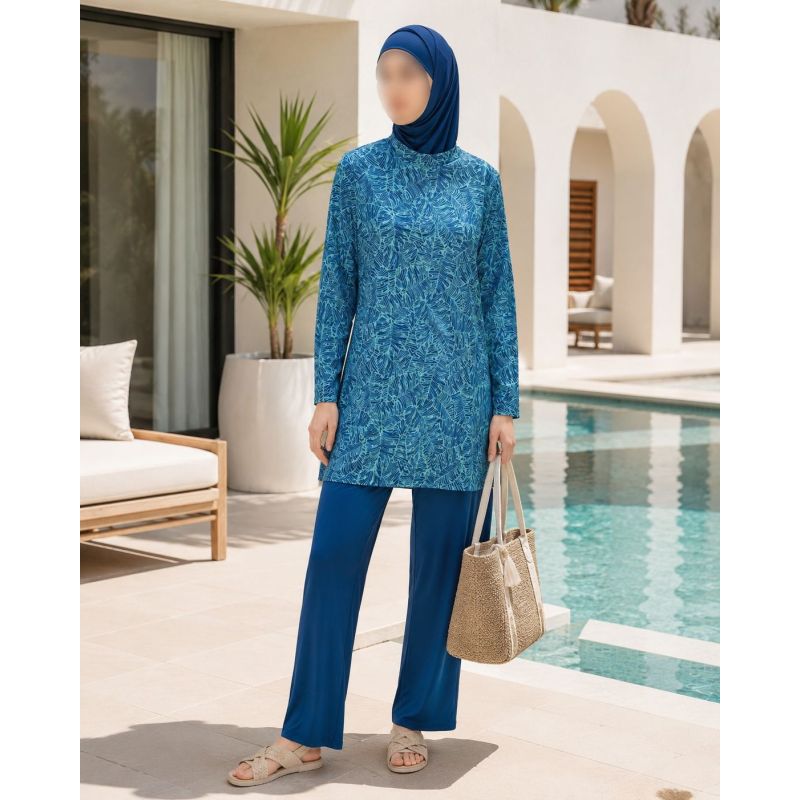 Burkini Hijab à Motifs 3 Pièces - Bleu Lagon- Rozamay