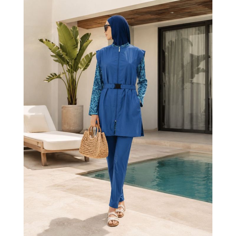 Burkini Femme Bleu Tropical avec Gilet Long Zippé