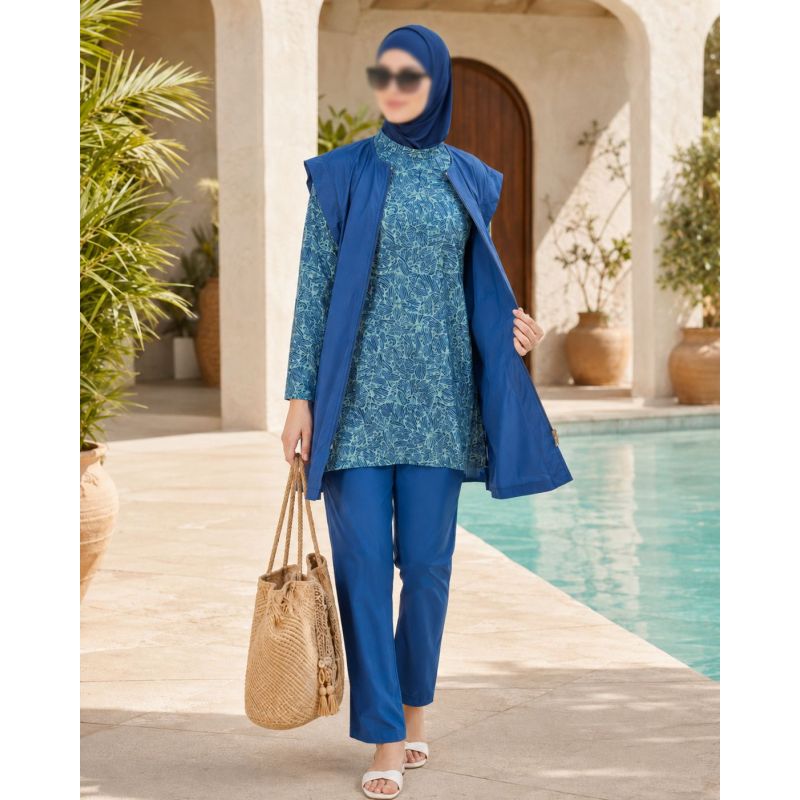 Women’s Blue Burkini with Long Zip Vest and Tropical Tunic