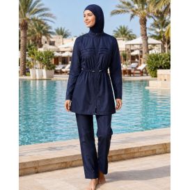 Burkini Femme Bleu Marine à Veste Longue Zippée et Plissée