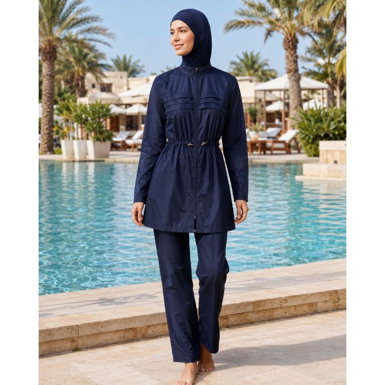 Burkini Femme Bleu Marine à Veste Longue Zippée et Plissée