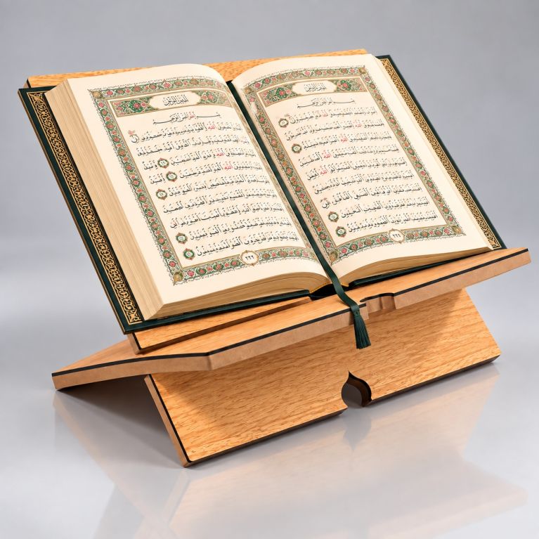 Porte Coran pliable en bois – Motifs islamiques ajourés