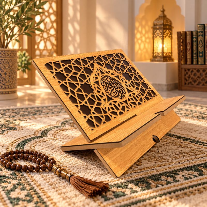 Foldable Wooden Quran Stand – Openwork Islamic Geometric Design