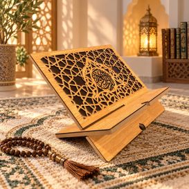 Foldable Wooden Quran Stand – Openwork Islamic Geometric Design
