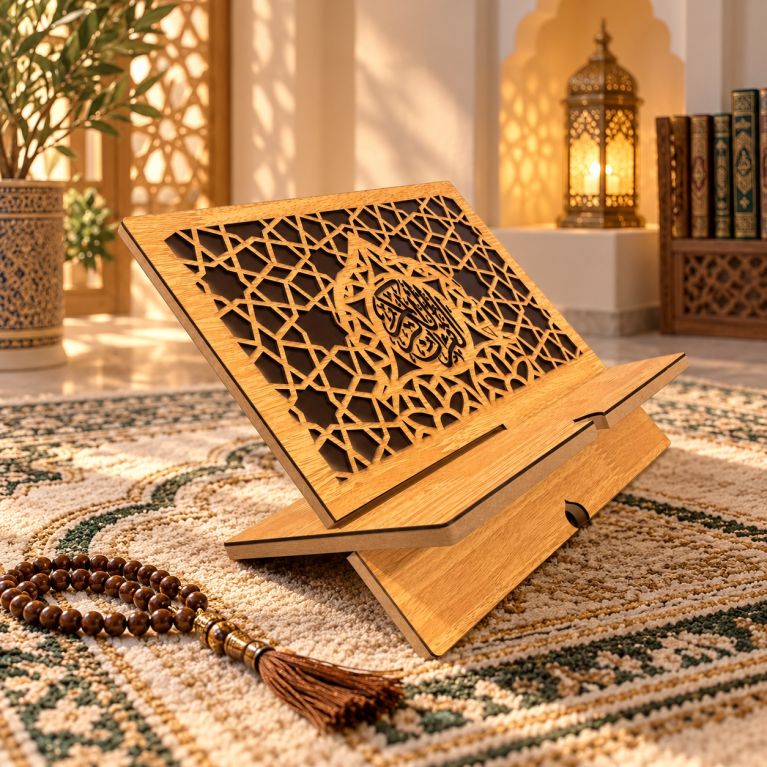 Foldable Wooden Quran Stand – Openwork Islamic Geometric Design