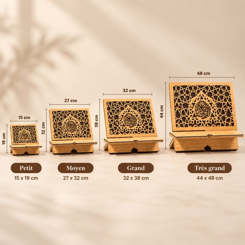 Porte Coran pliable en bois – Motifs islamiques ajourés