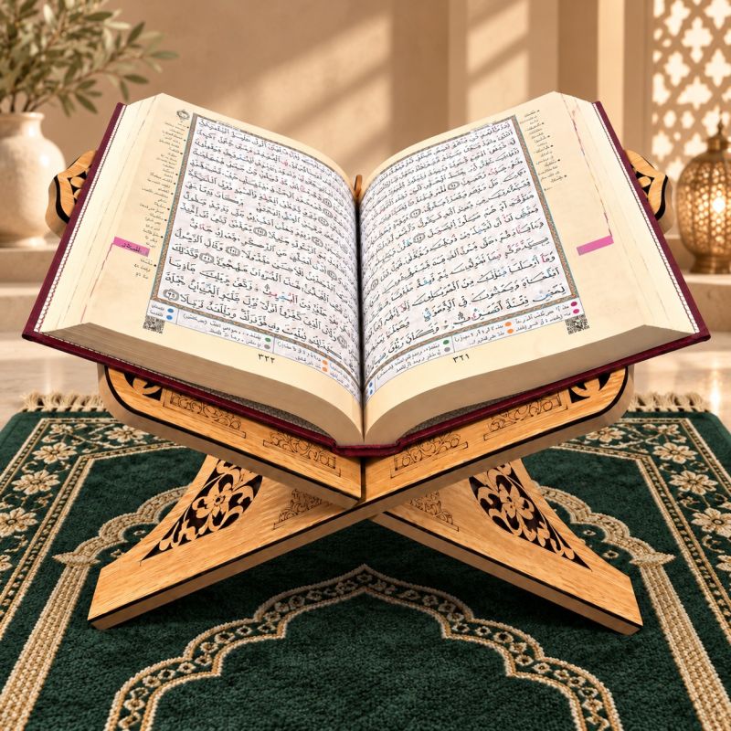 Foldable MDF Quran Stand – Floral Design & Arabic Calligraphy