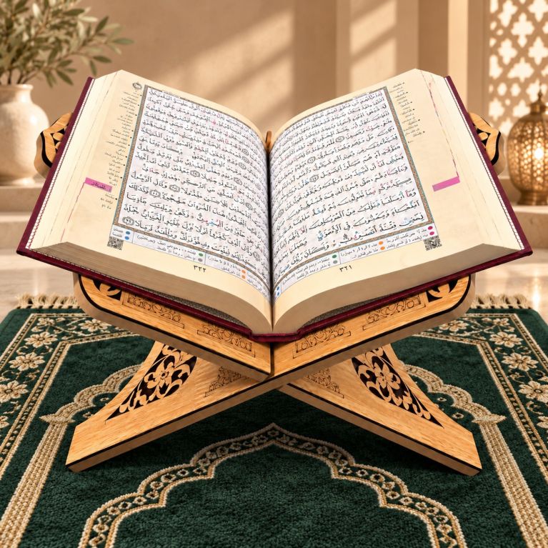 Foldable MDF Quran Stand – Floral Design & Arabic Calligraphy