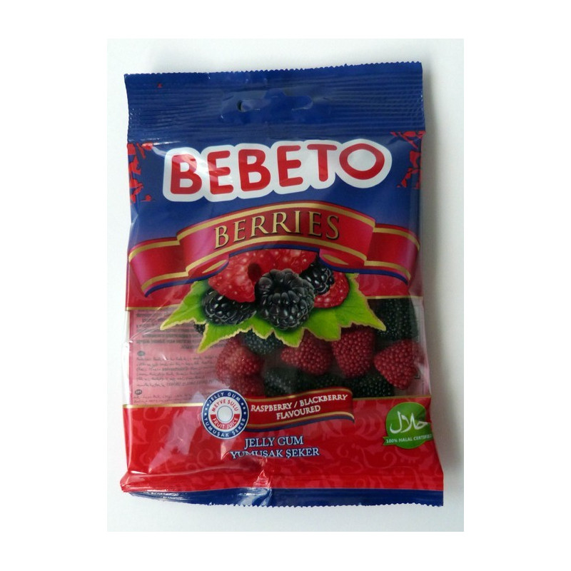 Bonbons Berries - Baies Framboise et Mûre - Fabriqué avec du Vrai Jus de Fruit Bebeto - Halal - Sachet 80gr