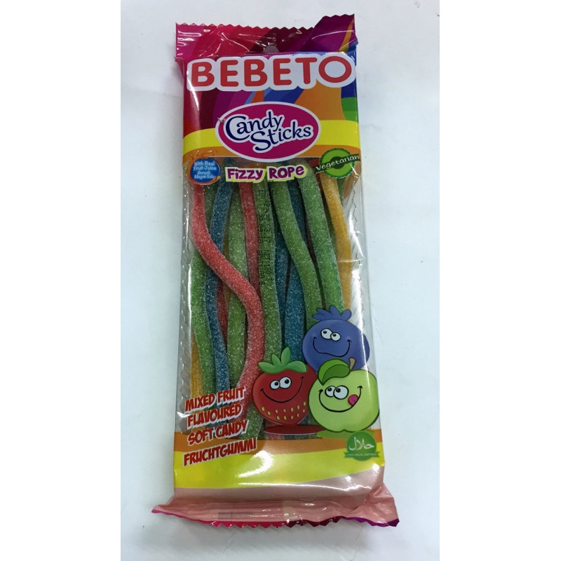 Bonbons Candy Stiks - Fizzy Rope - Fruit Mixé - Végétarien - Fabriqué avec du Vrai Jus de Fruit - Bebeto - Halal - Sachet 180gr
