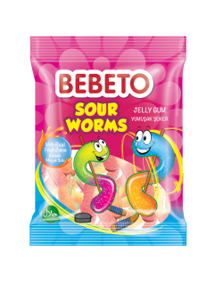 Bonbons Sour Worms - Fabriqué avec du Vrai Jus de Fruit - Bebeto - Halal - Sachet 80gr