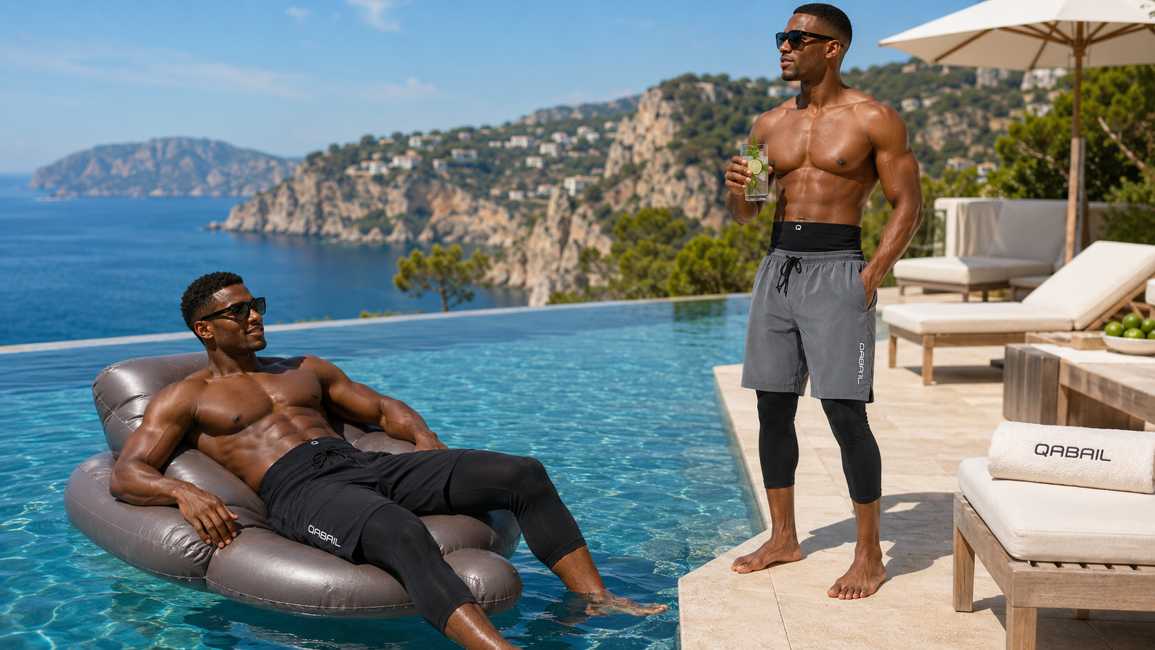 Deux hommes portant des swimshorts Qaba’il couvrants près d’une piscine